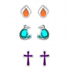 Taraash Sterling Silver Cross, Leaf And Animal Shapes Earrings - Set Of 3