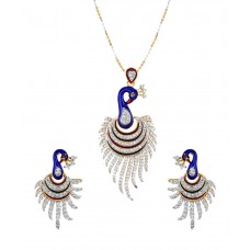 Fz Alloy American Diamond Studded Multicoloured Peacock Pendant Set
