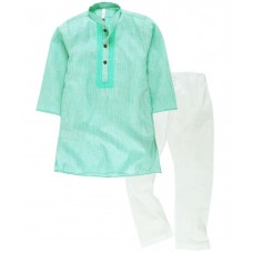 Lilposh Green and White Cotton Kurta Pyjama Set